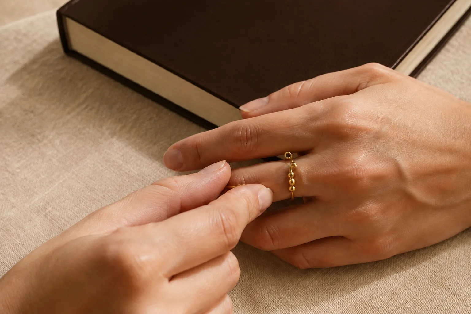 Le détail d’une bague portée et manipulée du bout des doigts